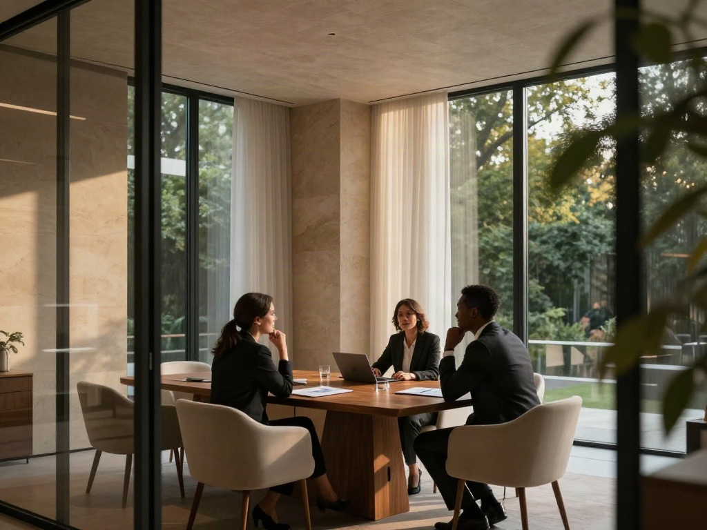 A focused strategy discussion around a conference table in a sunlit contemporary office